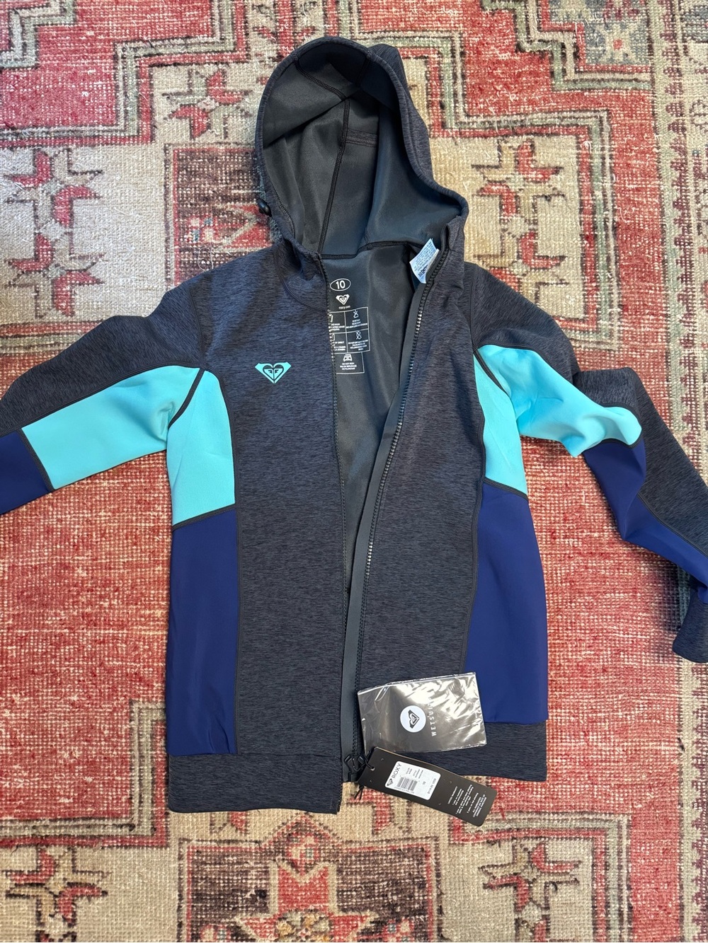 Roxy Girls' Hooded Colorblock Zip Jacket - Dark Gray, Teal & Navy